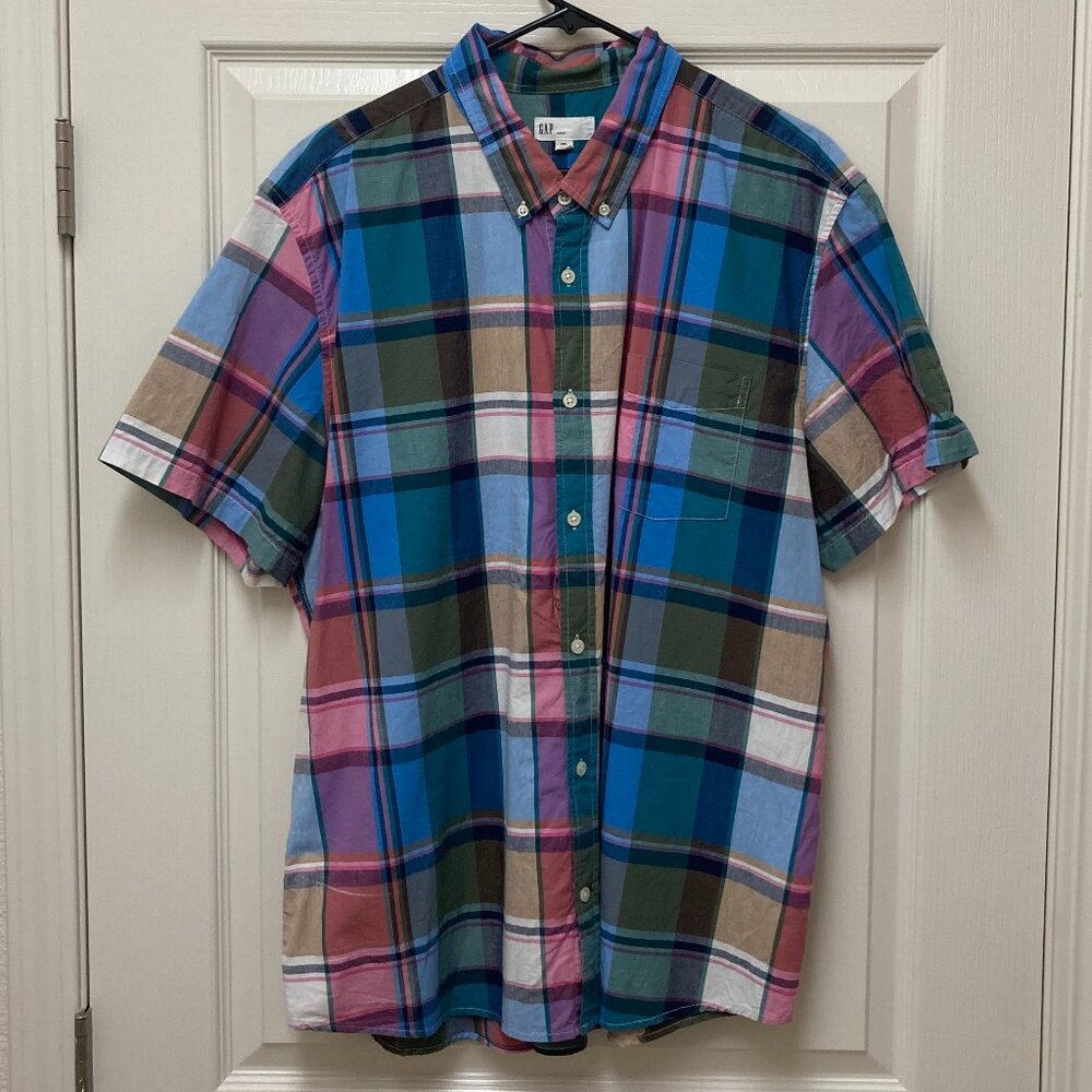 GAP Mens XXL Poplin Shirt Slim Fit Button Up Shirt Madras Blue Allure